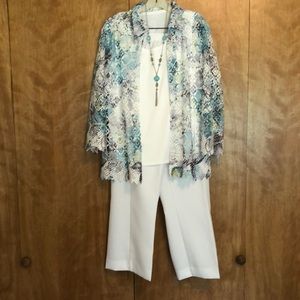 Turquoise & White jacket, pants, top, jewelry